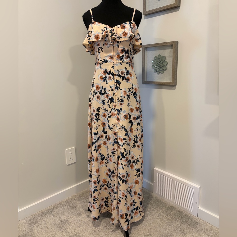 Never Worn! Band of Gypsies Floral Ruffle Maxi Dress With Back Cut-Out